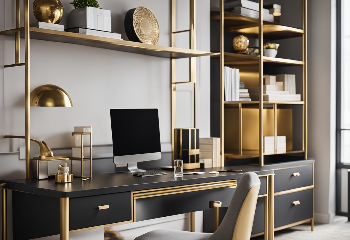 A sleek desk with gold accents, a stylish bookshelf, and metallic storage bins add a touch of glamour to the home office