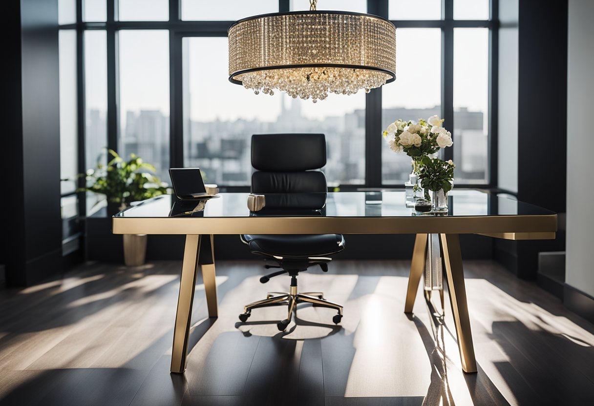 A sleek desk with metallic accents, a stylish chair, and a sparkling chandelier overhead in a well-lit home office