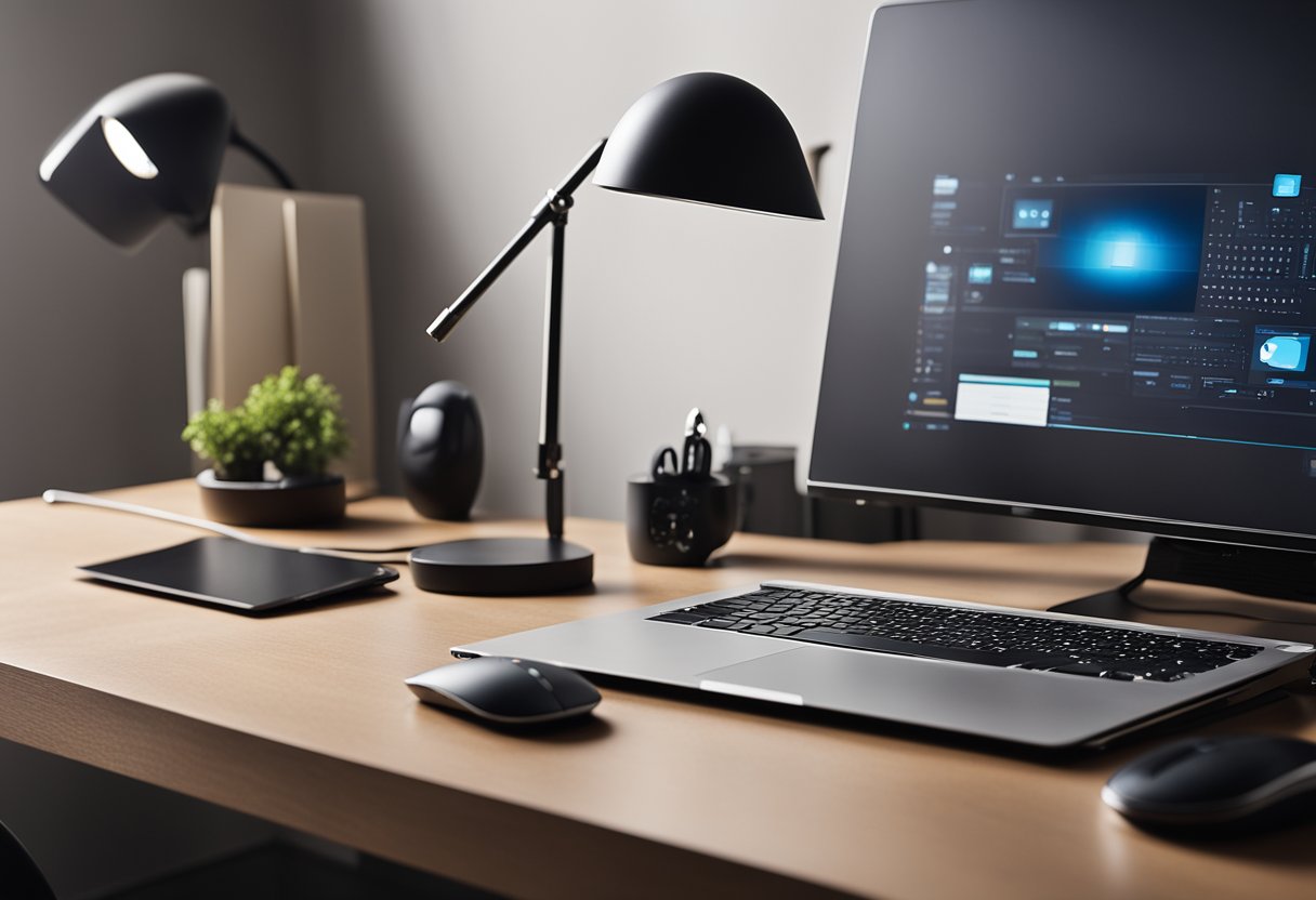 A sleek desk with modern tech gadgets and stylish accessories. A laptop, wireless keyboard, and mouse sit alongside a chic desk lamp and decorative items