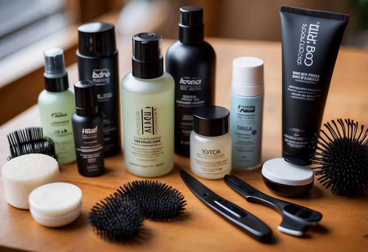 A table with various hair volumizing products and tools, including sprays, powders, and combs. Pros and cons listed next to each item