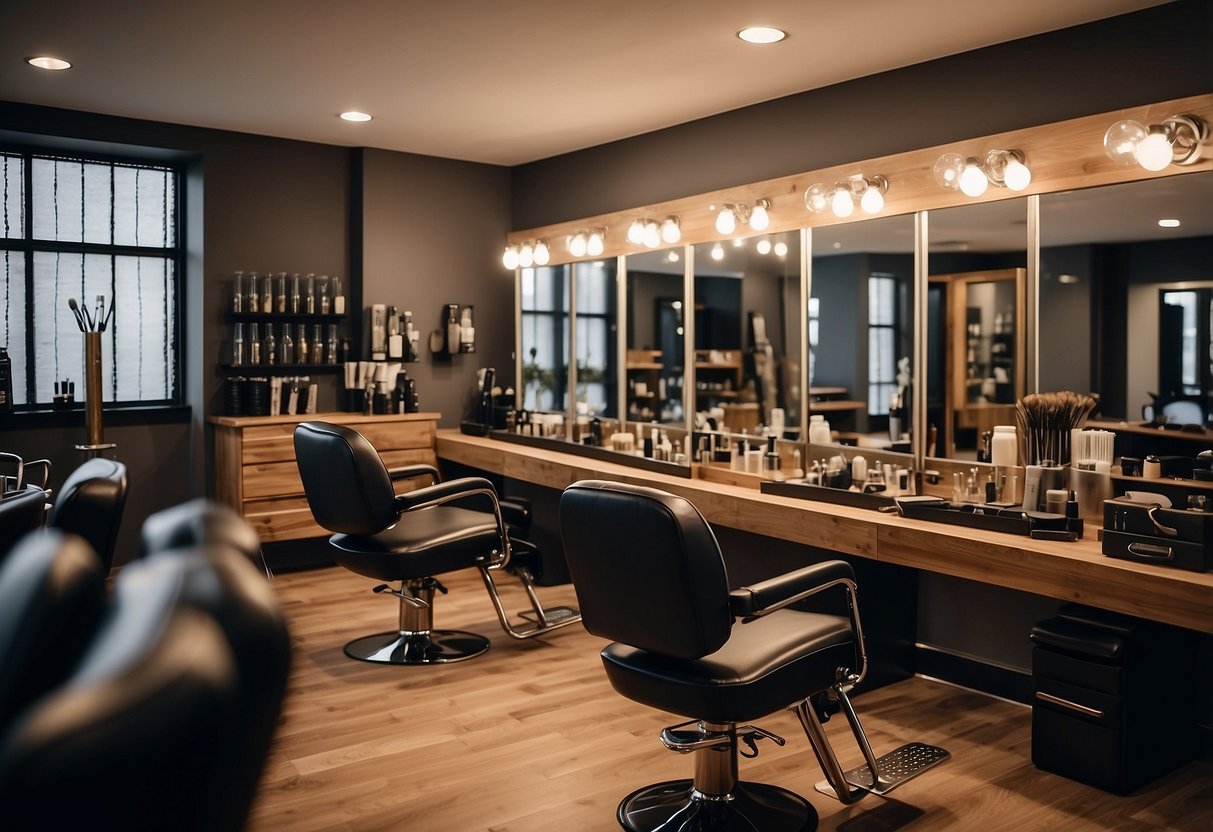 A hair salon with various hair extension methods displayed, including tape-ins, micro-link, and clip-ins. Natural hair products and tools are also visible