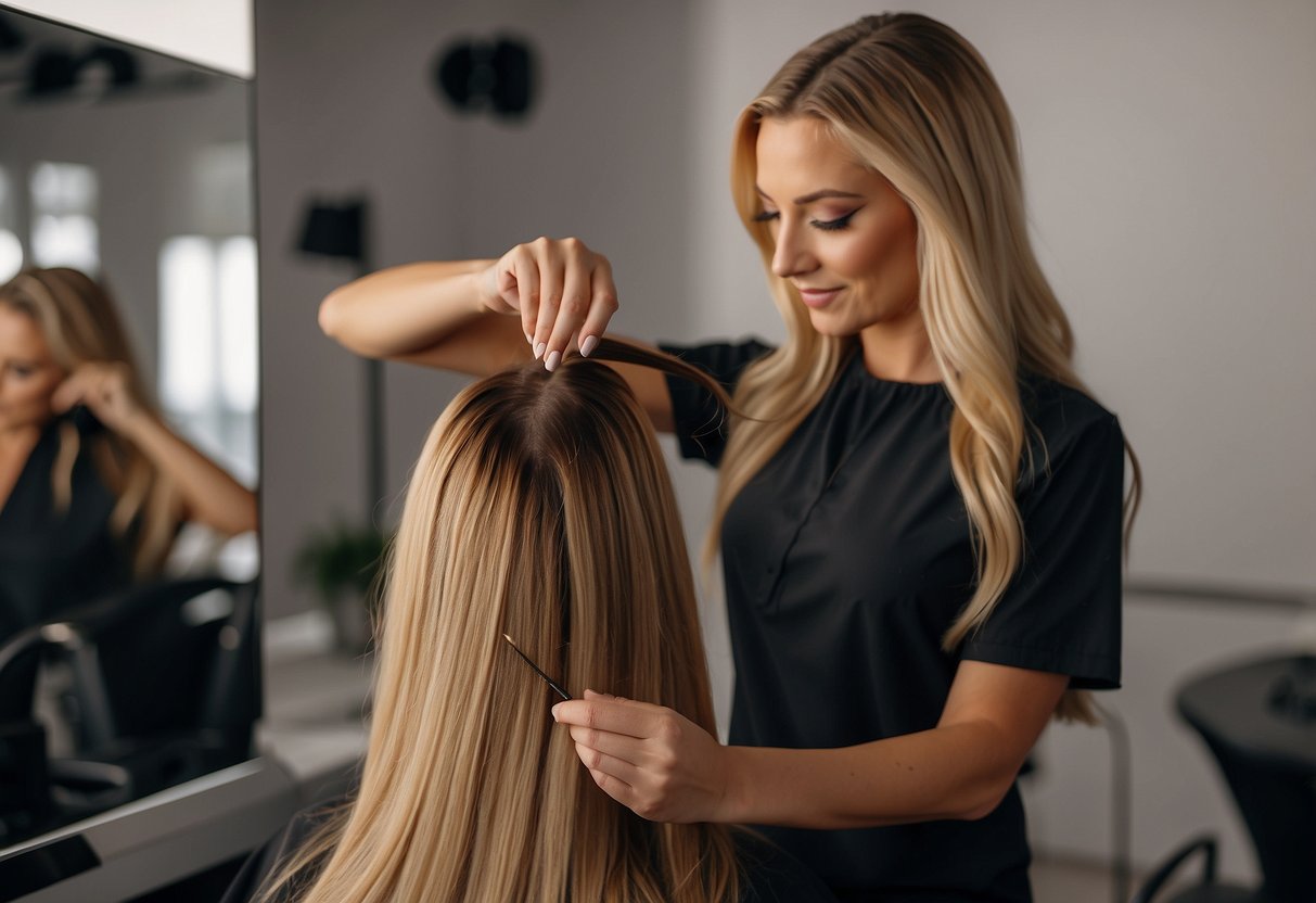 A professional stylist carefully applies hair extensions using non-damaging methods