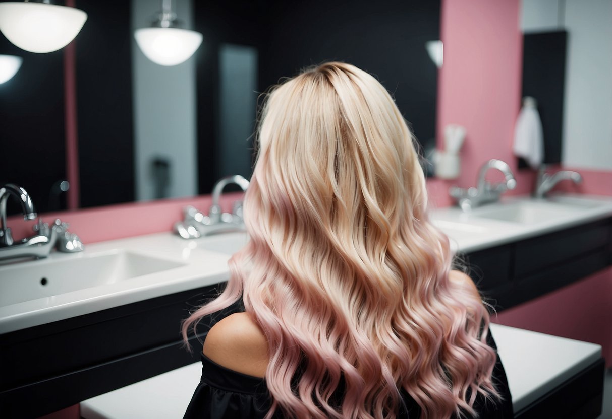 Blonde hair extensions turning pink in a salon sink