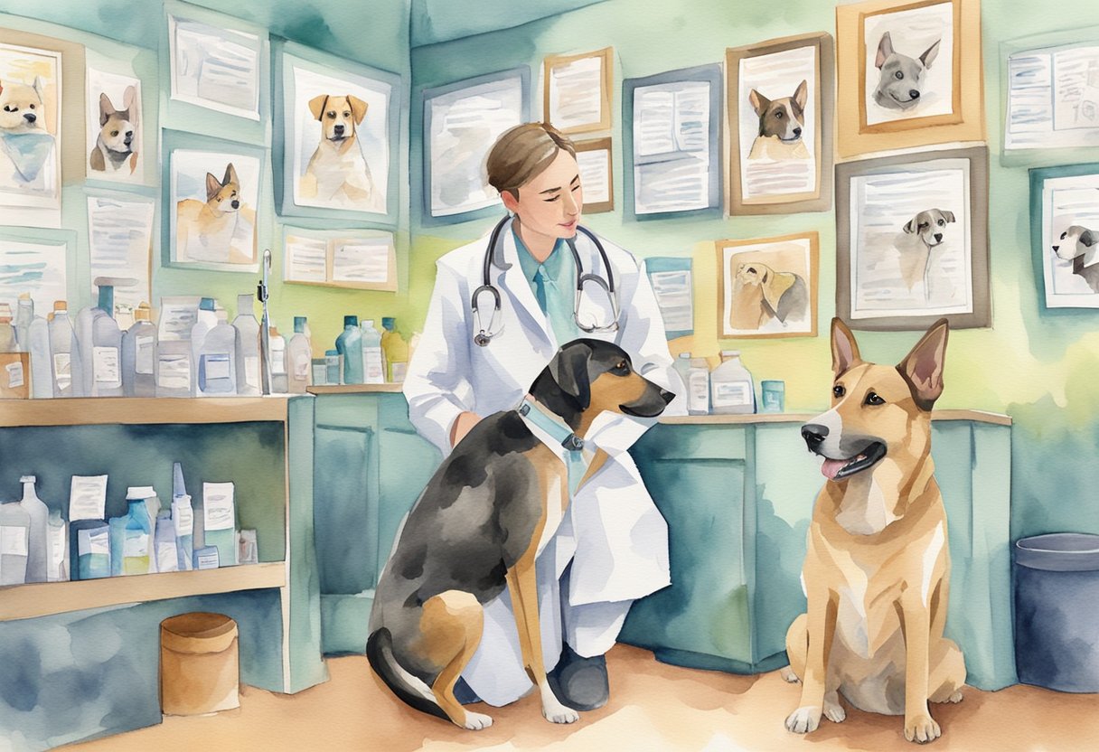 A dog sitting at the vet's office, surrounded by posters of different dog breeds. A veterinarian holds a syringe, while the dog looks up nervously