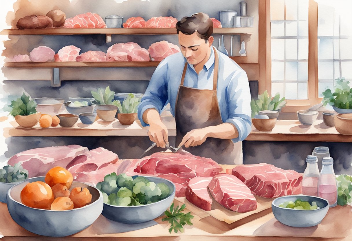 A butcher carefully selects high-quality meat for a raw food diet, surrounded by various ingredients and tools