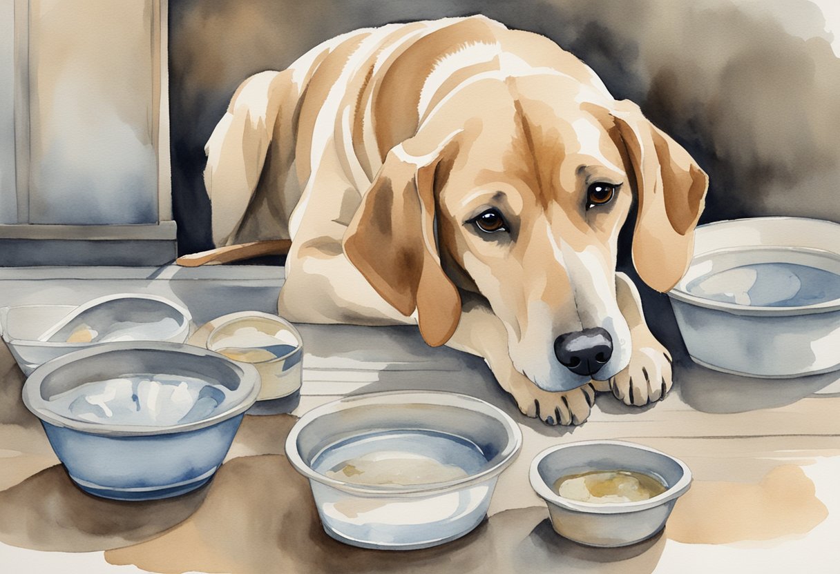 A dog with droopy ears and a sad expression, surrounded by empty water bowls and showing signs of lethargy and lack of appetite