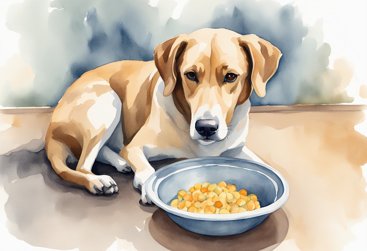 A lethargic dog sits beside a full food bowl, ignoring it. Its droopy ears and sad eyes convey a lack of appetite