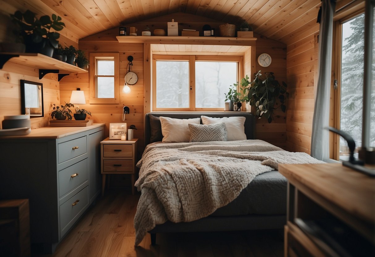 A cozy bedroom with a small attached bathroom in a tiny home, featuring compact fixtures and clever storage solutions