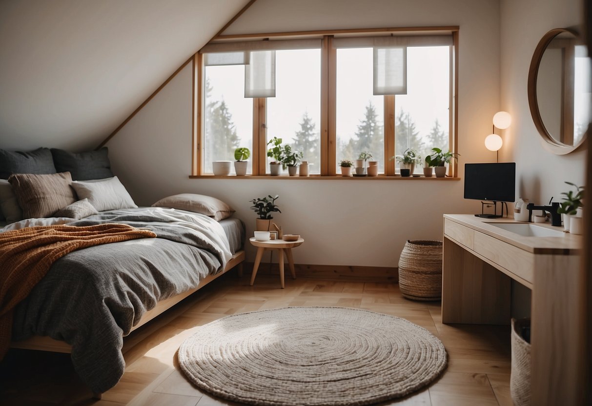 A cozy bedroom with a small attached bathroom in a tiny home. The room is neatly organized with minimalistic decor and natural lighting