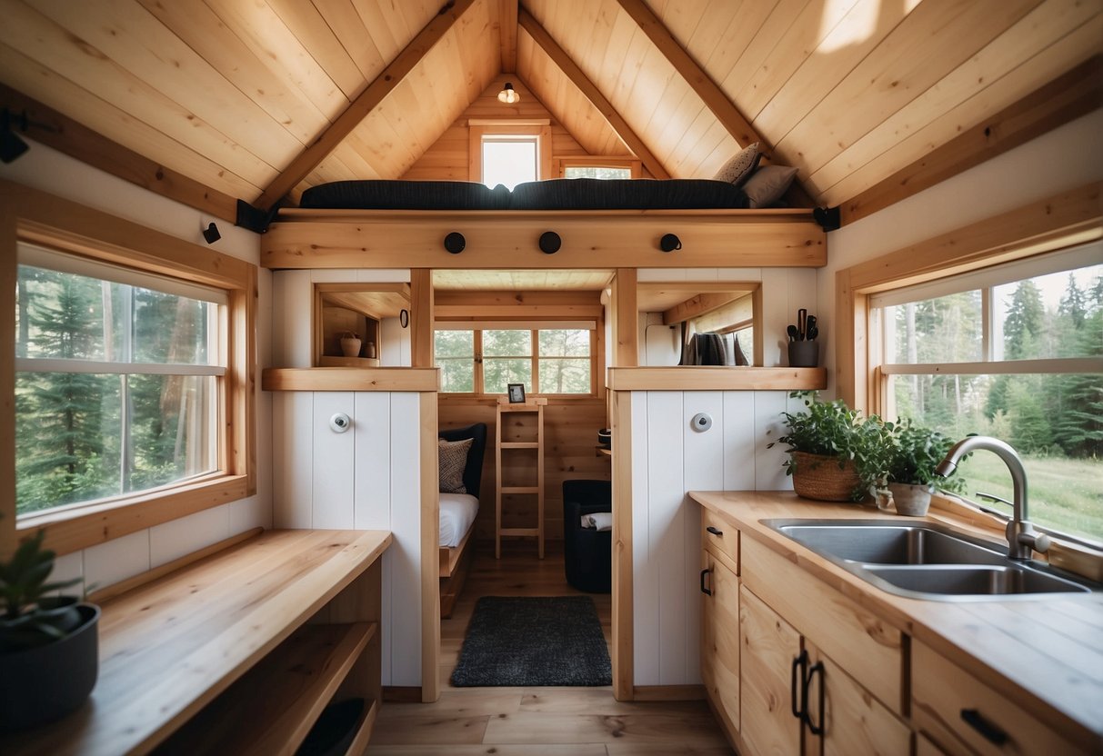 A cozy tiny house with a bedroom and attached bathroom, nestled in a serene natural setting