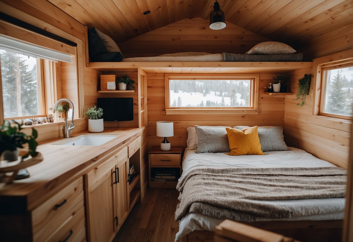 A cozy bedroom with a small attached bathroom in a tiny house, featuring efficient space-saving design and modern fixtures