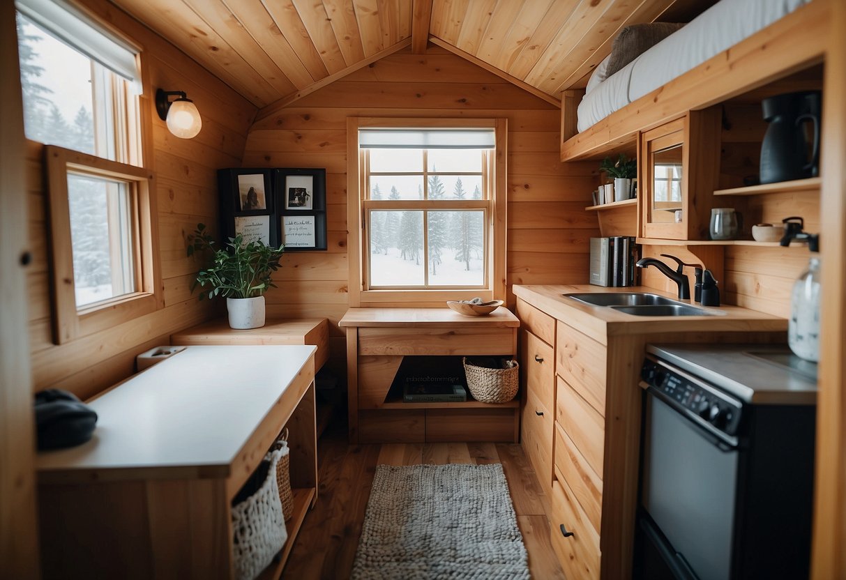 A cozy bedroom with a small attached bathroom in a tiny house, featuring compact and efficient design elements for inspiration