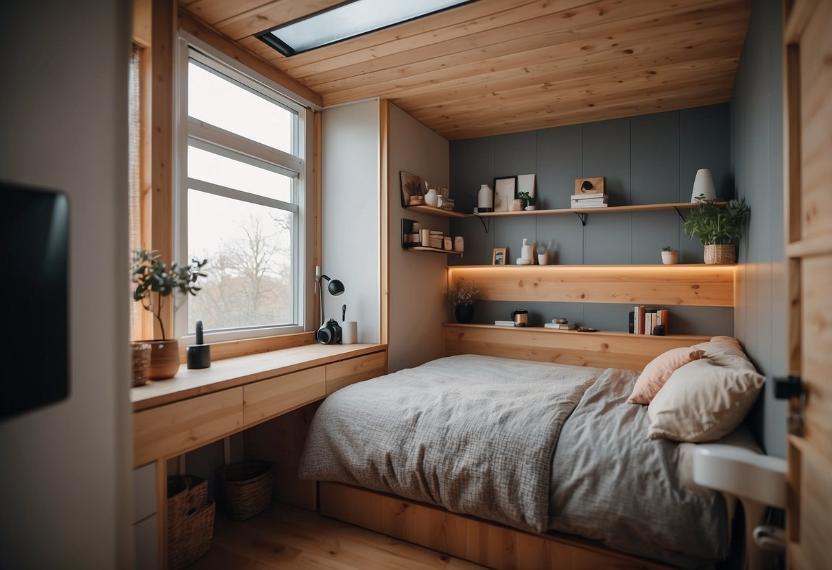 A cozy bedroom with a compact bathroom attached. Minimalist decor and space-saving features in a tiny house setting