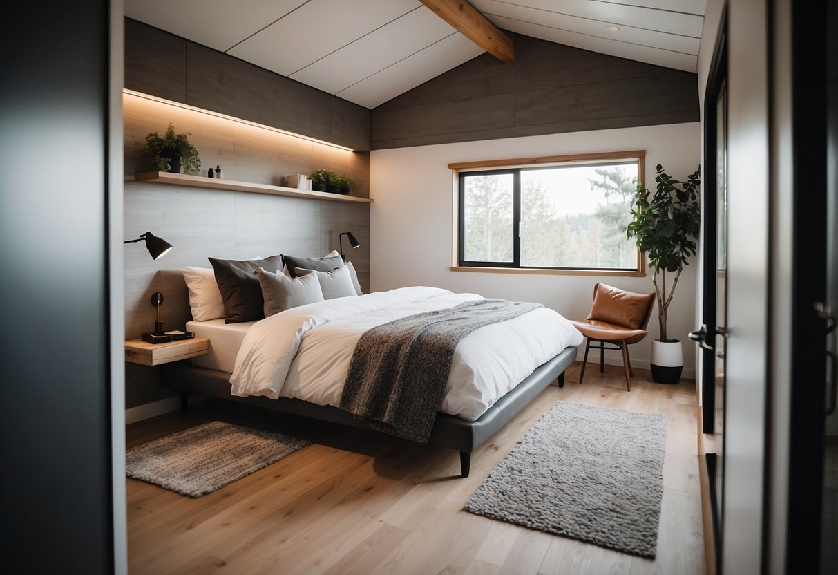 A sleek, minimalist bedroom with an attached bathroom in a modern tiny house. Clean lines, neutral colors, and space-saving features create a cozy and functional living space