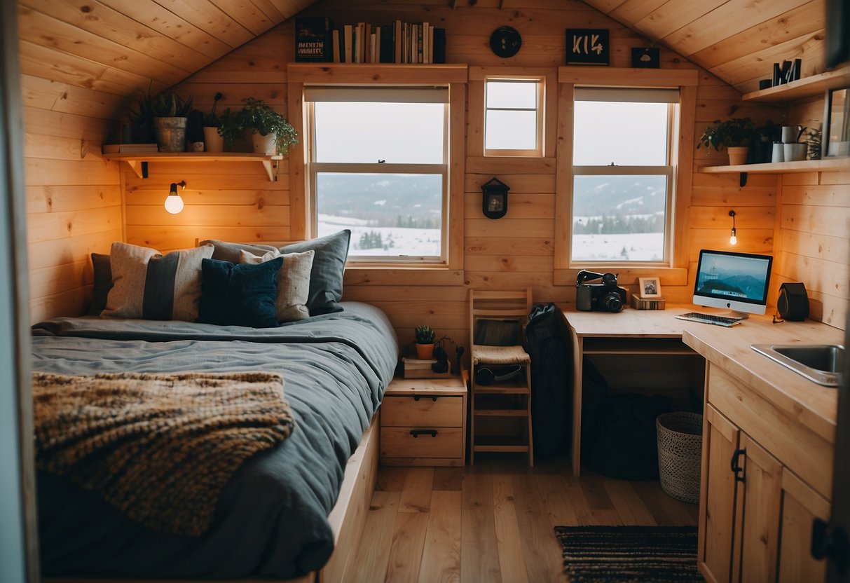 A cozy bedroom with an attached bathroom in a tiny home, featuring space-saving hacks and clever design ideas