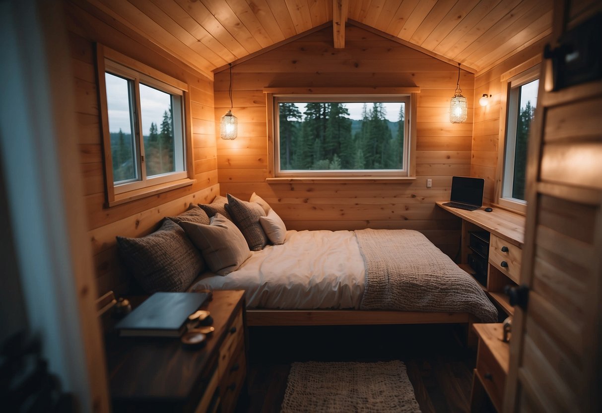 A cozy bedroom with a connected bathroom in a tiny home, featuring warm lighting, a comfortable bed, and modern fixtures