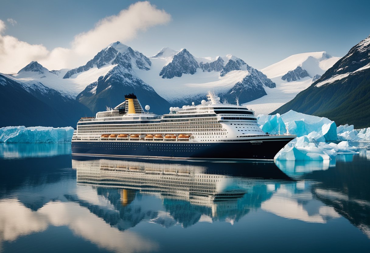 A large cruise ship sails through icy waters, surrounded by snow-capped mountains and glaciers in the Alaskan wilderness