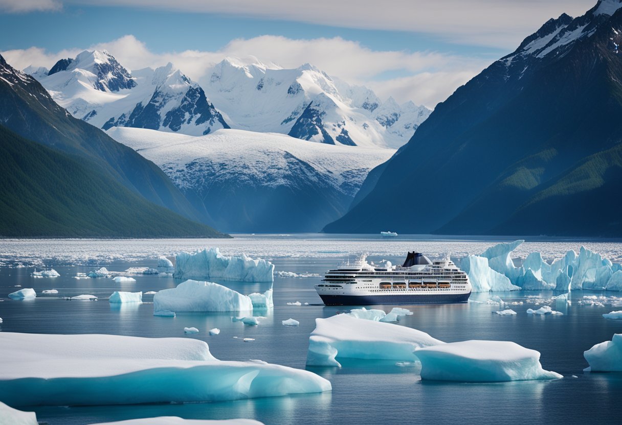 An Alaskan cruise ship glides through icy waters, surrounded by snow-capped mountains and majestic glaciers. Wildlife can be seen in the distance, including whales breaching and bald eagles soaring overhead