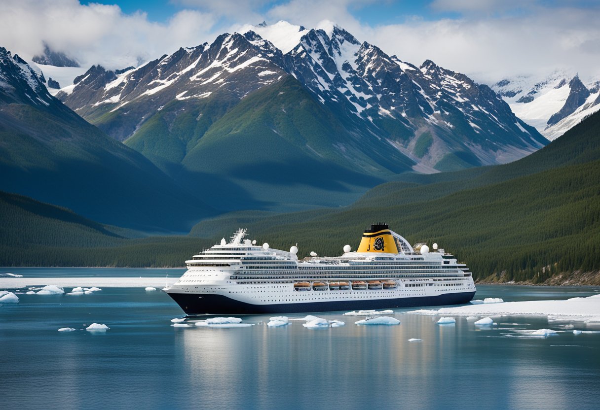 A cruise ship sails through icy Alaskan waters, surrounded by snow-capped mountains and wildlife. The ship's name "Frequently Asked Questions Getaway Cruises to Alaska" is prominently displayed on its side