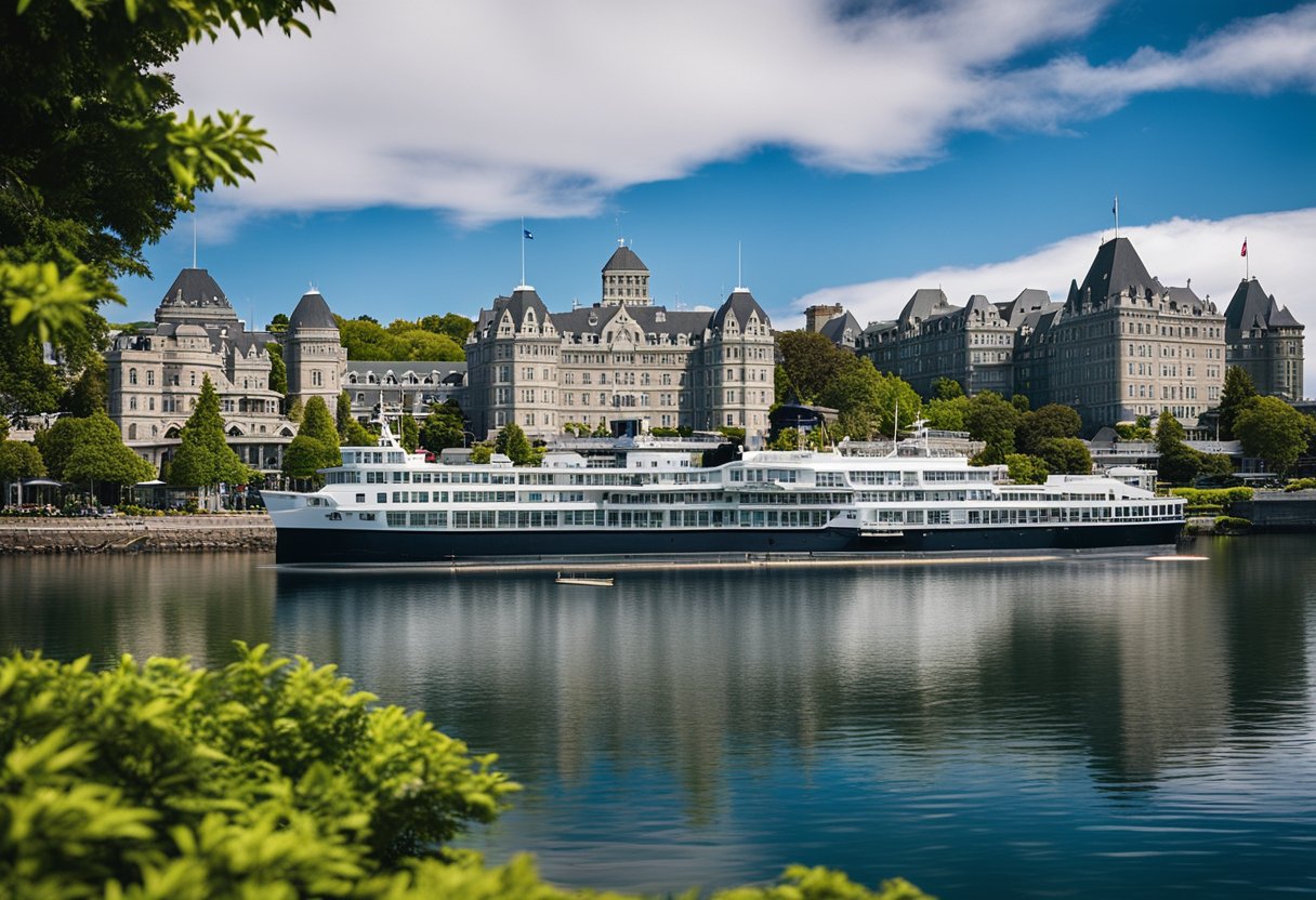 A scenic view of Victoria's Inner Harbour with iconic Fairmont Empress Hotel, colorful floatplanes, and lush greenery