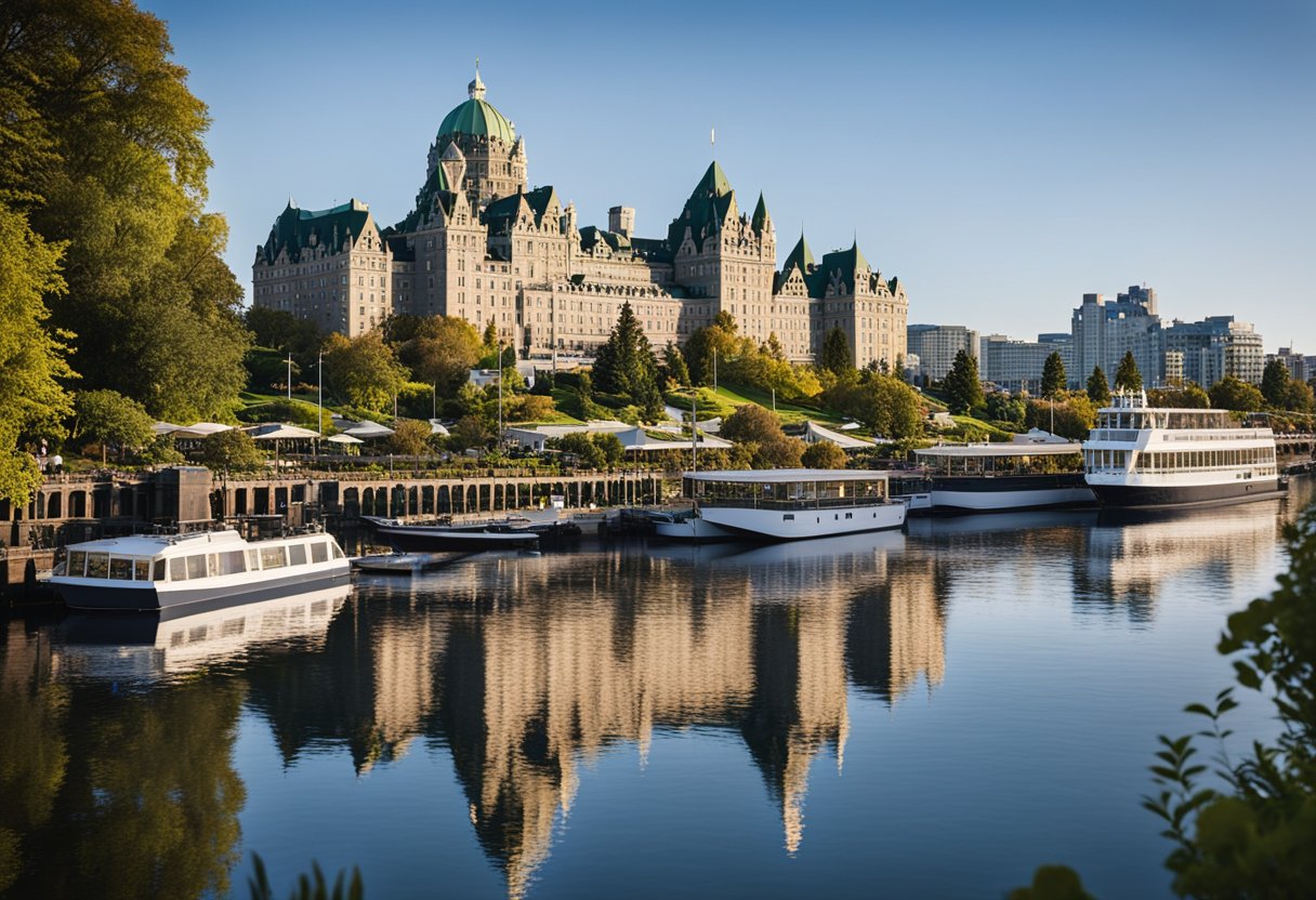 A scenic view of Victoria's Inner Harbour with iconic Fairmont Empress Hotel and Parliament Buildings, surrounded by lush gardens and historic architecture