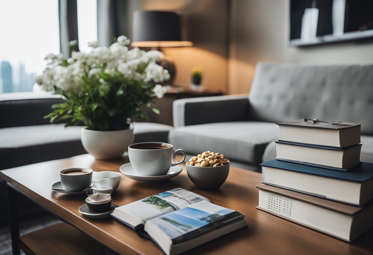 A cozy living room with a view of the serene Victoria harbor, a stack of guidebooks and maps on the coffee table, and a calendar marked with activities and attractions