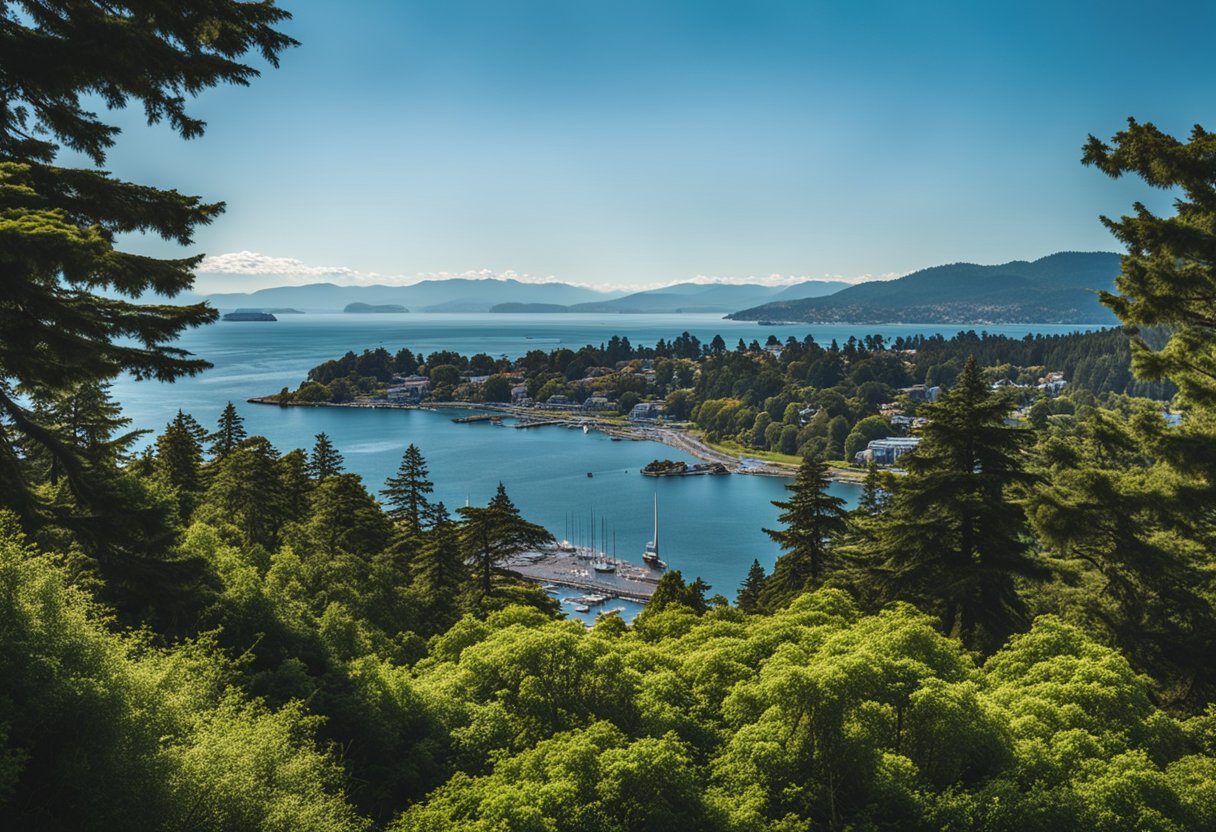 A scenic view of Victoria, BC with lush greenery, a calm ocean, and a clear blue sky, showcasing potential outdoor excursions for a week or 3 days staycation