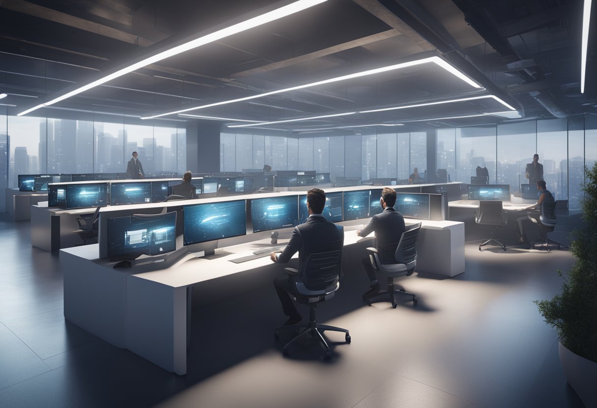 Guardrails being installed in a futuristic AI call center, with workers discussing the process and blueprint in a high-tech environment