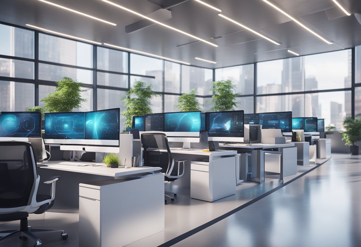 Bright, futuristic office with sleek AI call center technology. Vibrant colors and modern design convey innovation and efficiency