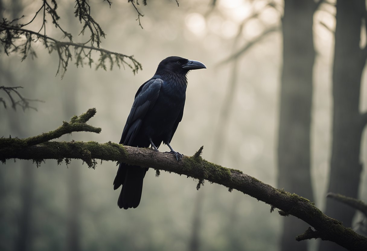 A crow perched on a weathered branch, surrounded by mist and ancient trees, its dark feathers glistening in the soft light, evoking a sense of mystery and wisdom