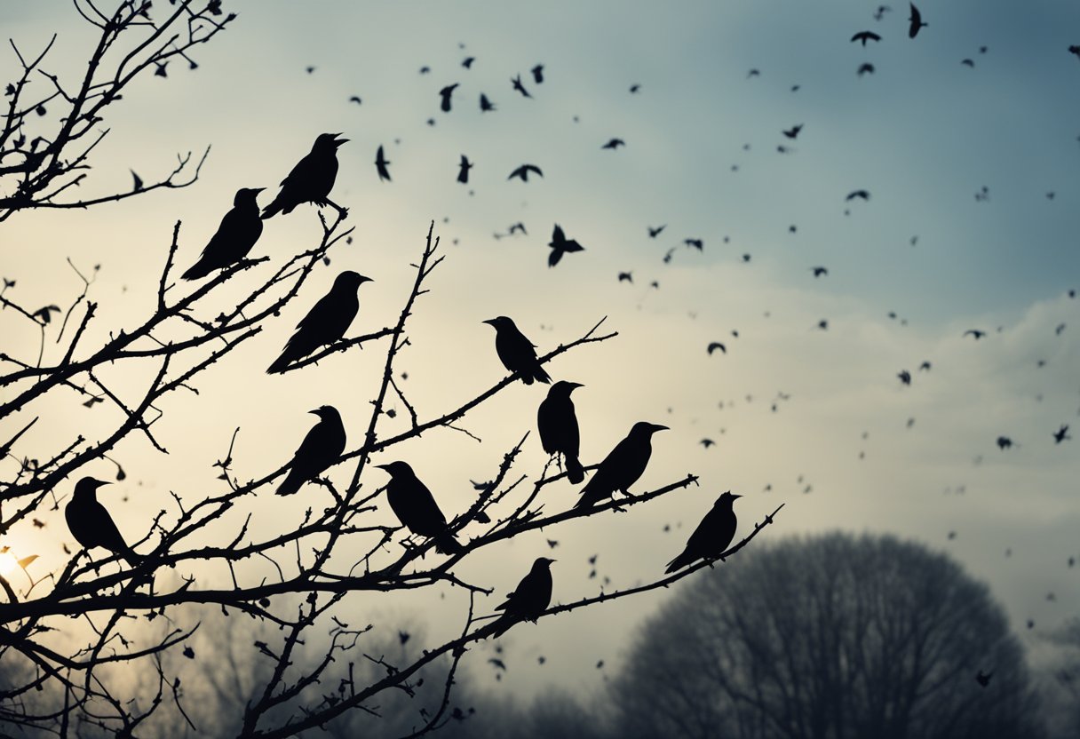 A murder of crows perched on bare branches, surrounded by mystical symbols and numbers floating in the air