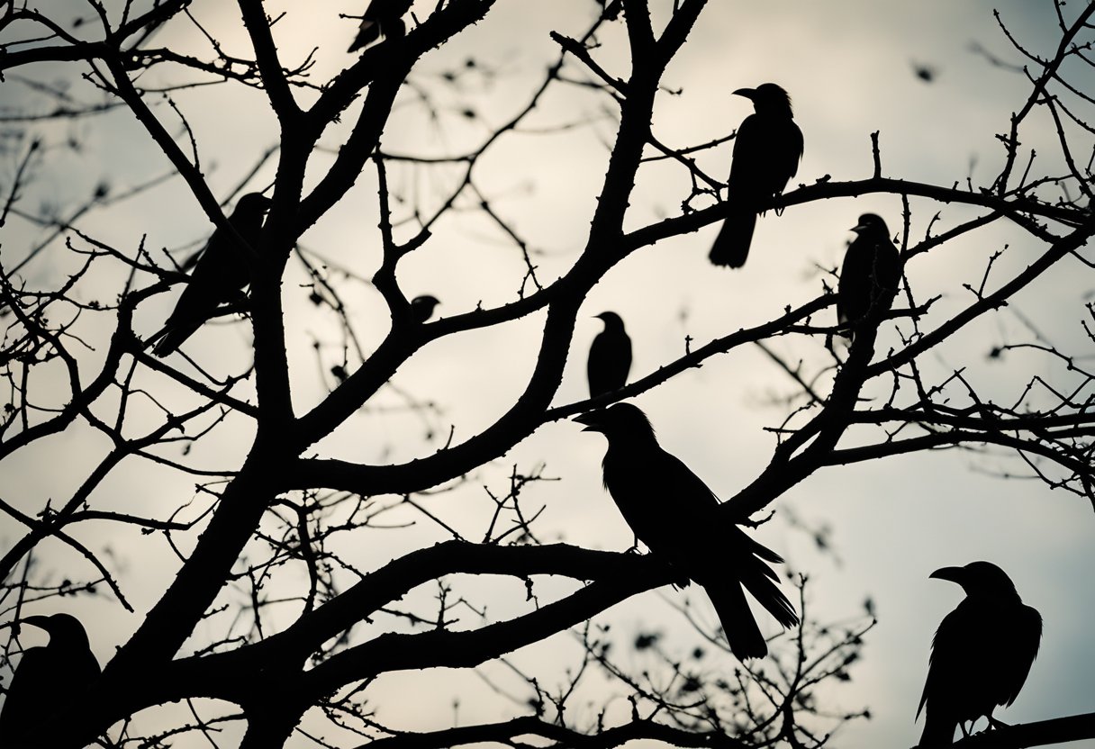 Crows gather around a solitary tree, their glossy black feathers glistening in the sunlight. A sense of mystery and transformation fills the air as the crows seem to be communicating with each other, symbolizing the spiritual significance of their presence