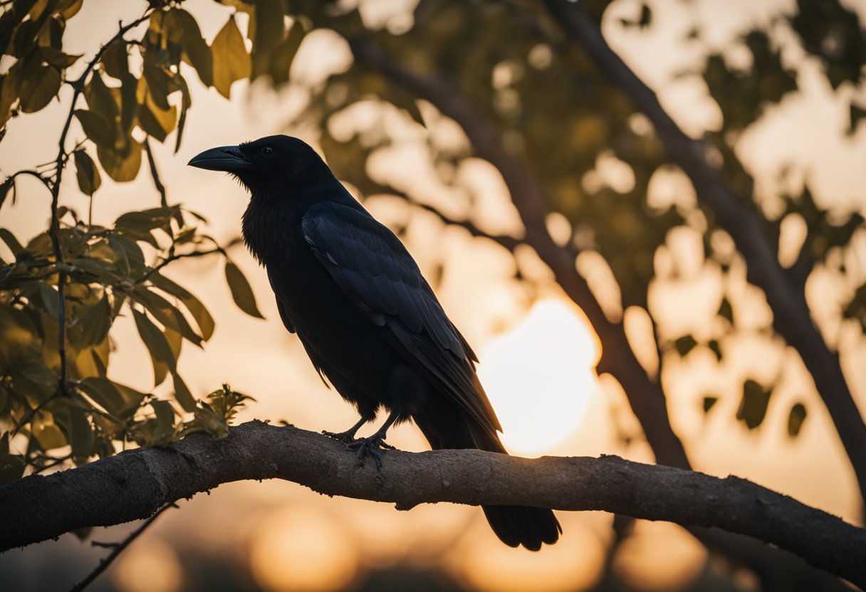 A crow perched on a tree branch, surrounded by other crows, with the sun setting in the background, conveying a sense of mystery and spiritual significance