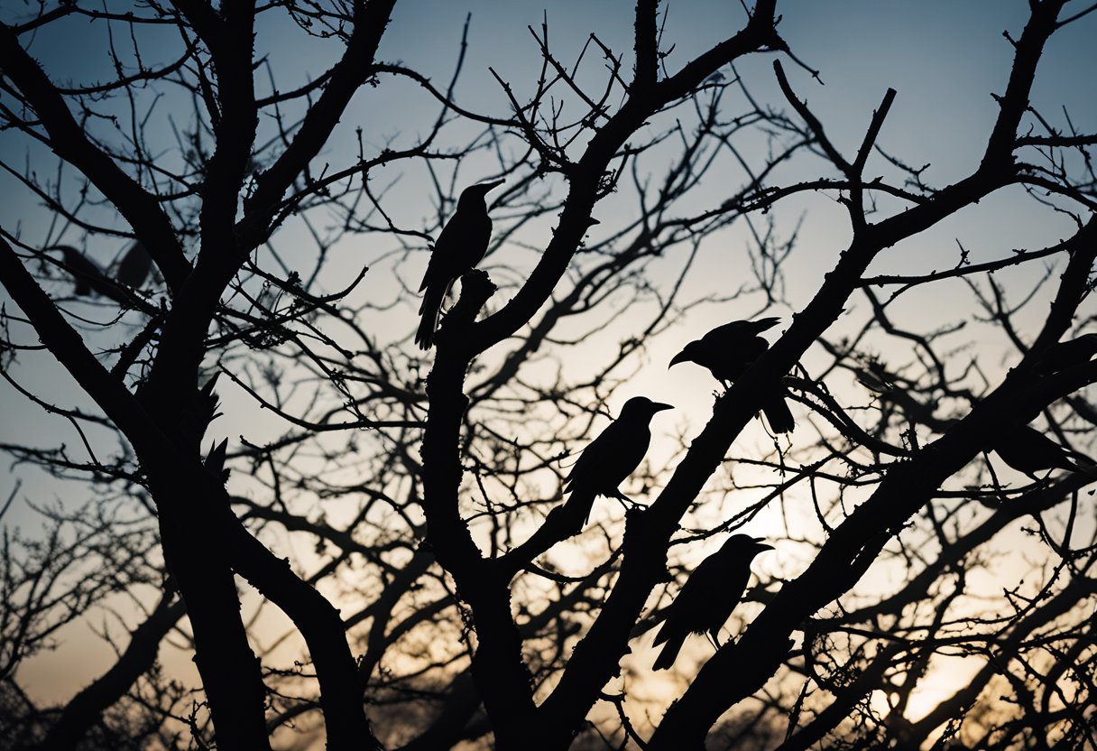 A murder of crows perched ominously on barren tree branches, their dark feathers glistening in the moonlight, evoking a sense of mystery and foreboding