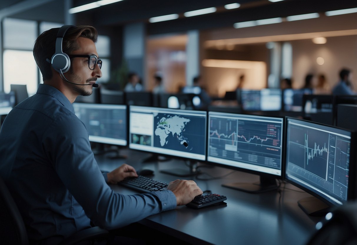 AI software processes customer inquiries in a call center. Multiple screens display data and analysis while a central console controls the system