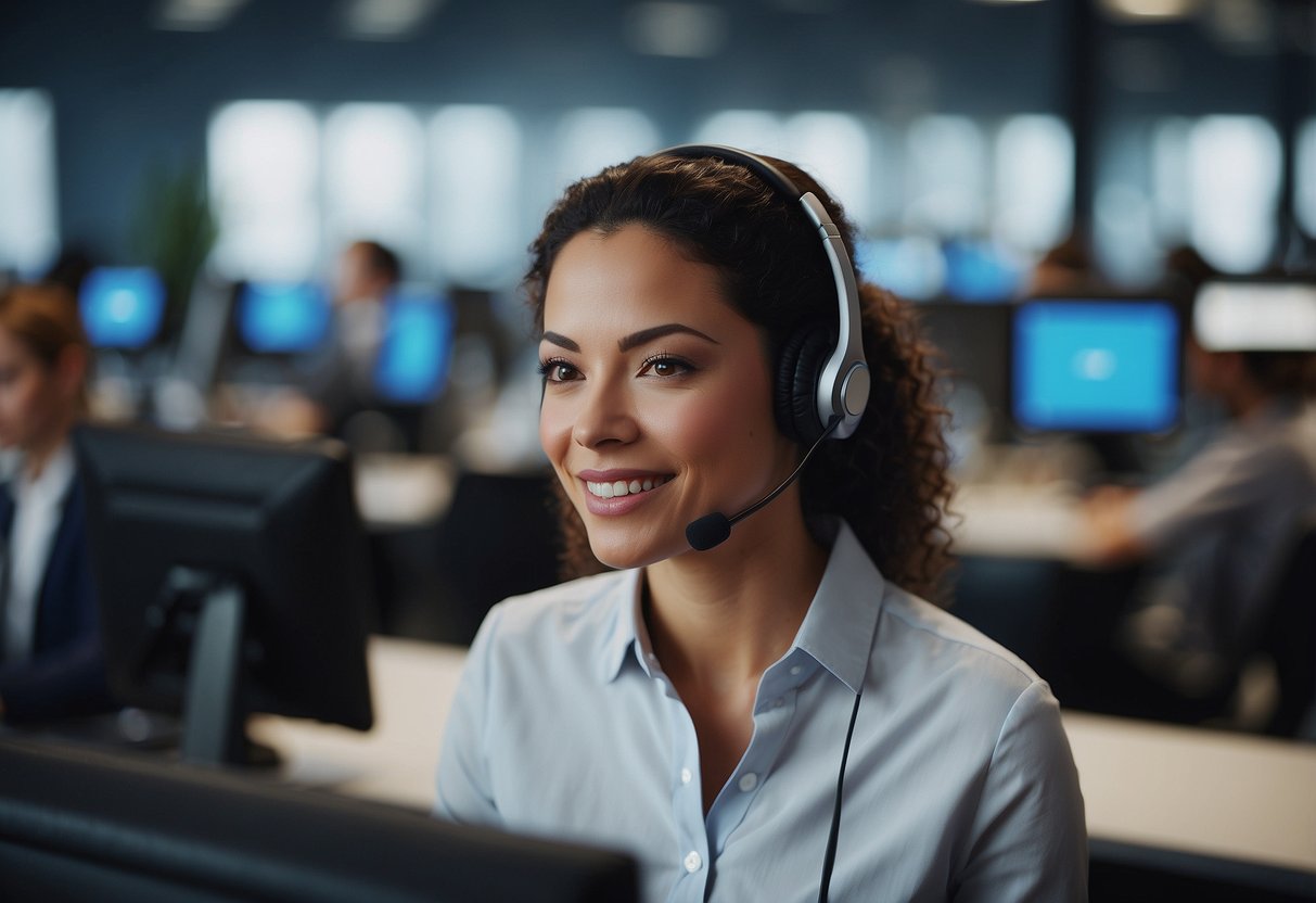 AI-powered call center: Agents use advanced software to handle customer inquiries. Data flows seamlessly through the system, improving efficiency and customer satisfaction