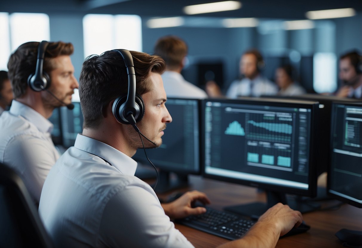 An AI solution being implemented in a call center, with computer screens displaying data and agents using headsets to communicate with customers