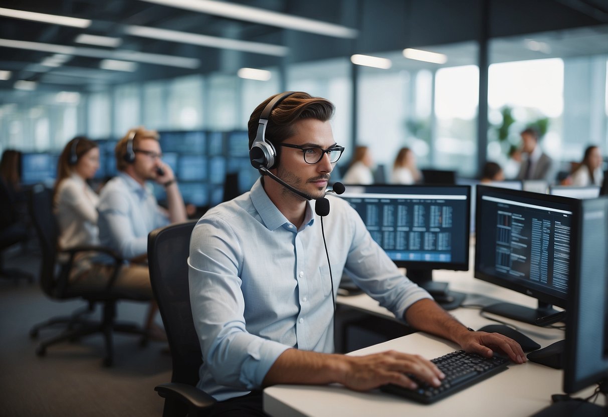 AI-powered call center: Agents using callin.io software to handle customer inquiries. AI algorithms streamline processes. Bright, modern office setting