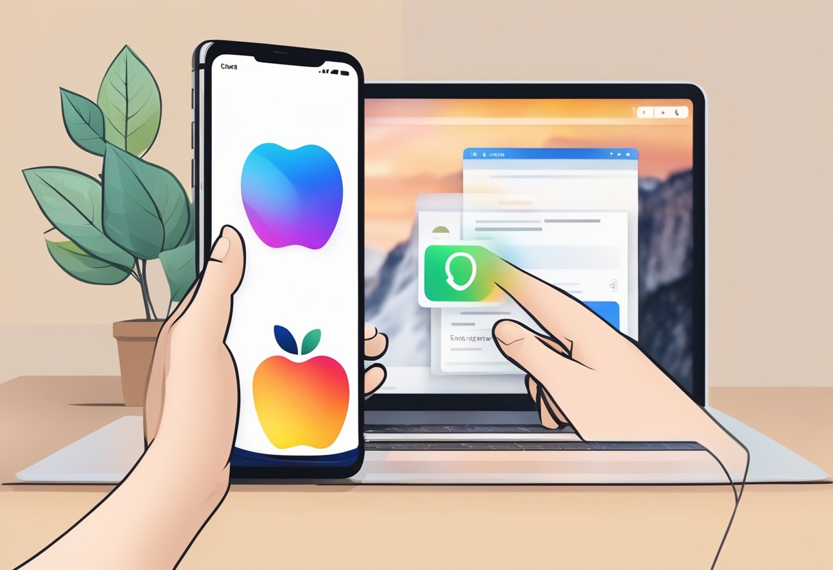 A hand reaching for an apple with an Apple ID login screen on a smartphone in the background