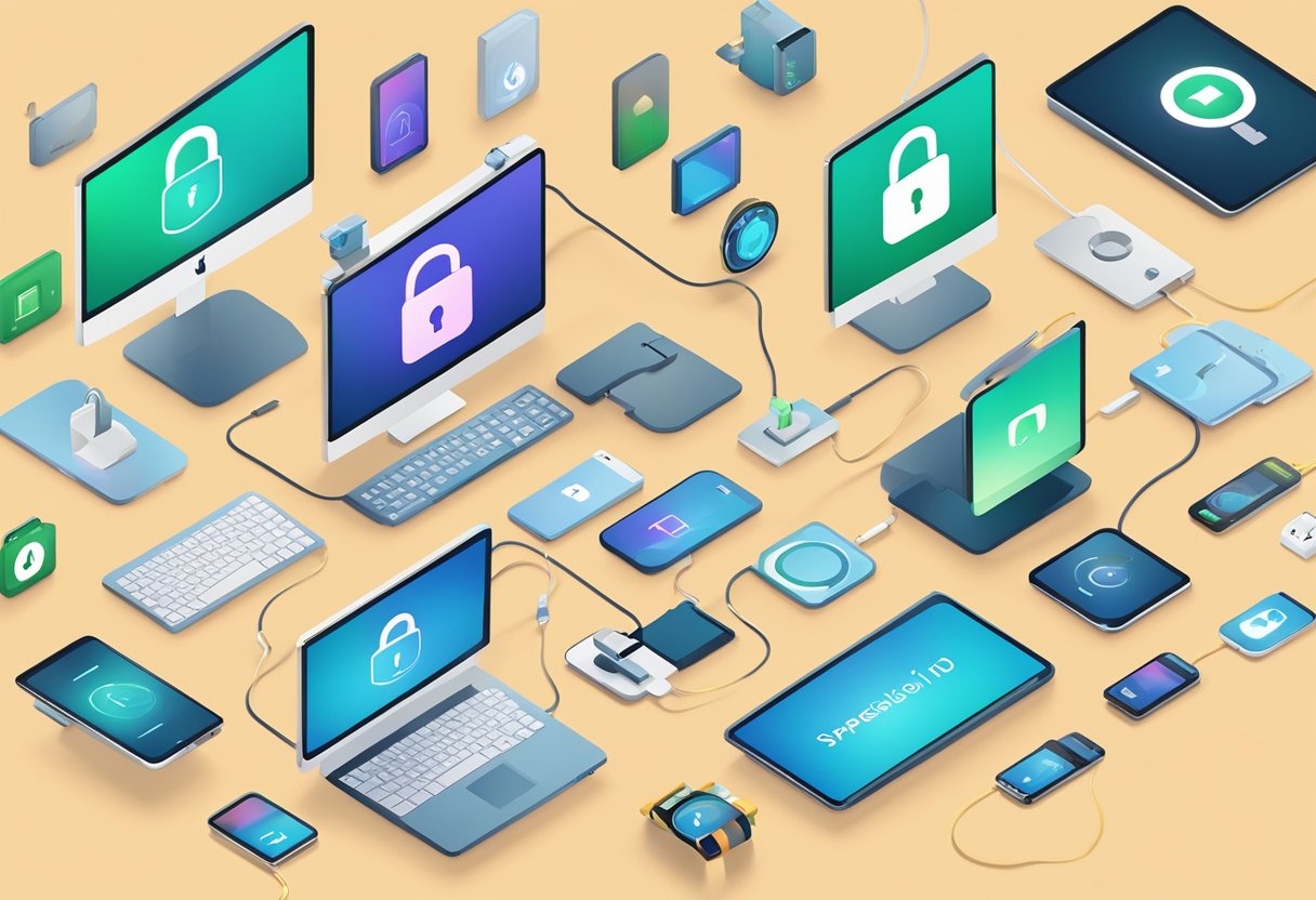 An Apple ID logo surrounded by various electronic devices and a lock symbol, representing security and access to Apple services