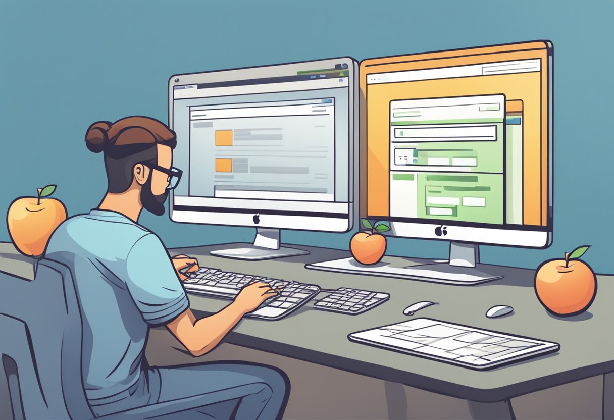 A person typing on a computer, filling out a form to create an Apple ID