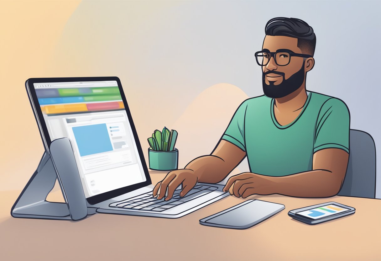 A person sitting at a desk, typing on a computer, with an Apple logo visible on the screen. A phone and tablet are nearby, both displaying the Apple ID login page