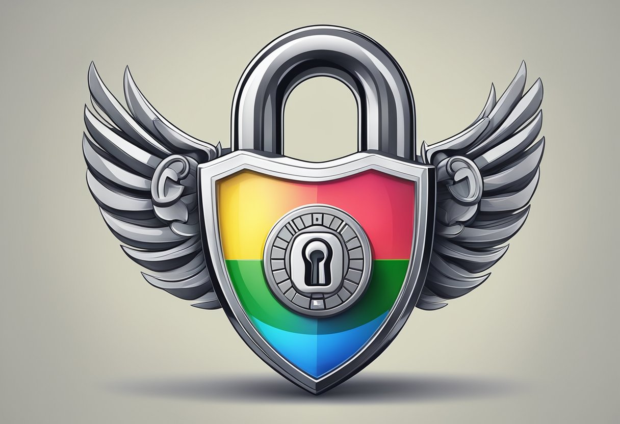 A padlock with an apple logo on it, surrounded by a shield with a lock icon, representing security measures for an Apple ID