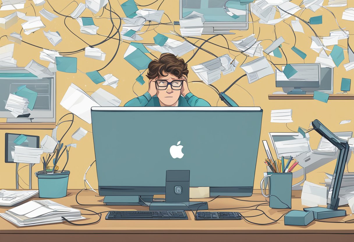 A person at a computer, frustrated, with an error message on the screen. Apple devices and a tangled charger are scattered on the desk