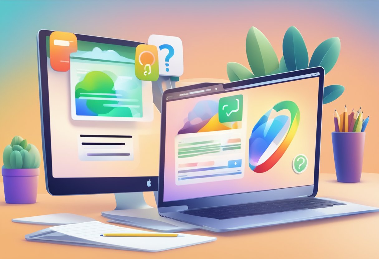 An open laptop displaying a "Frequently Asked Questions" page for Apple ID, with a stylized apple logo in the background