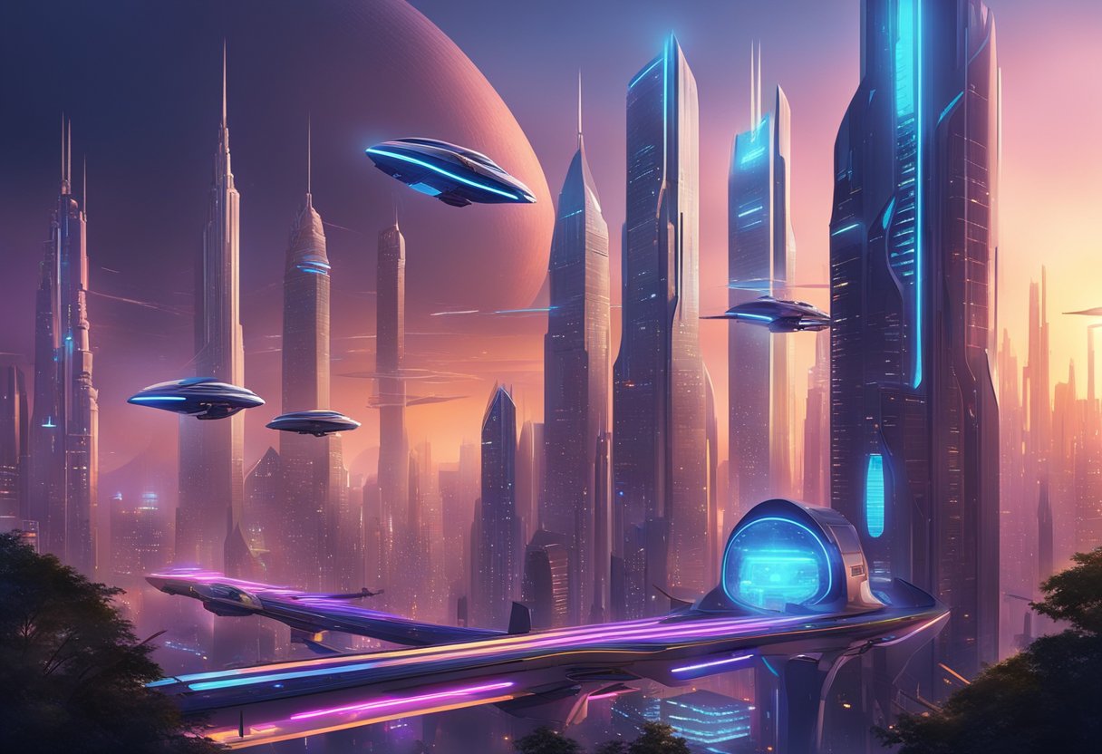 A futuristic cityscape with sleek skyscrapers and flying vehicles, illuminated by neon lights and surrounded by advanced technology