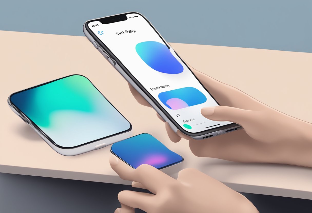 A hand holding an iPhone, tapping through the iOS 17 setup process on a sleek, modern table with minimalist decor