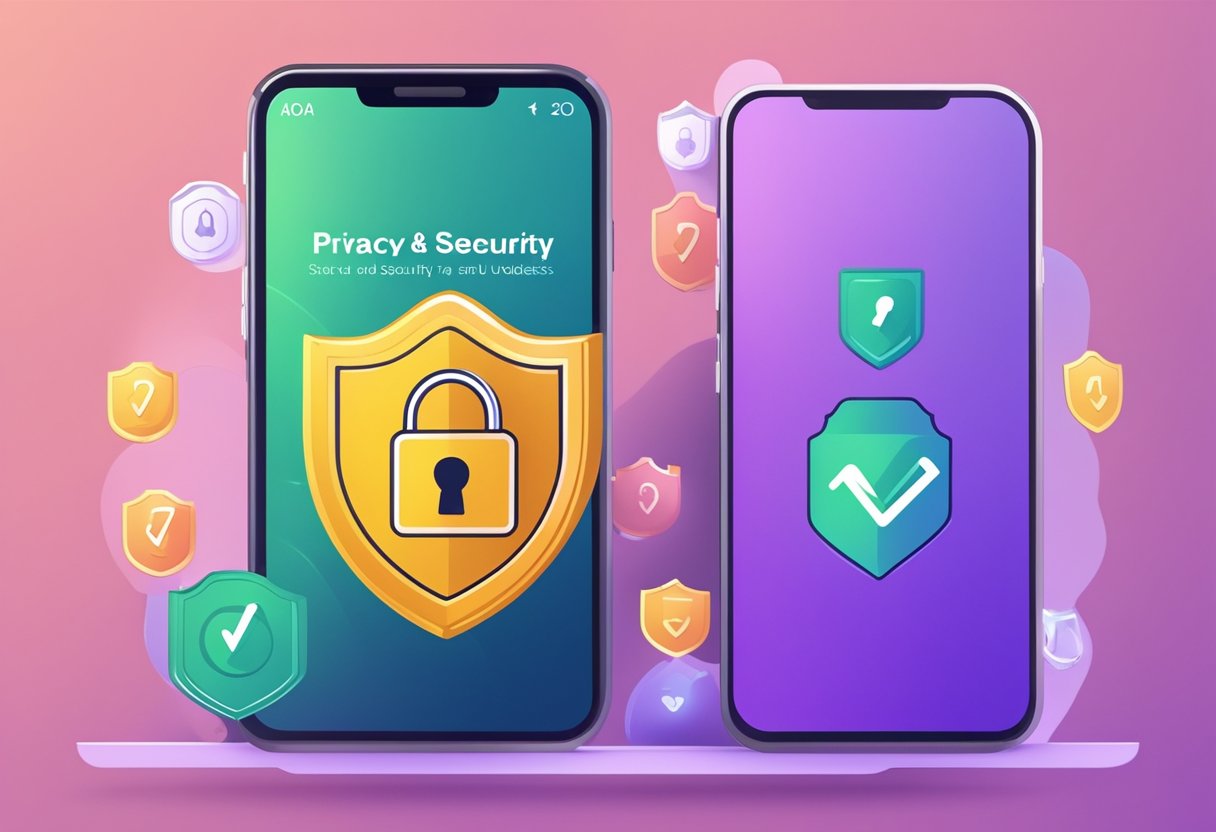 A smartphone with a lock icon surrounded by a shield, with a notification pop-up reading "Privacy and Security Updates ios 17"