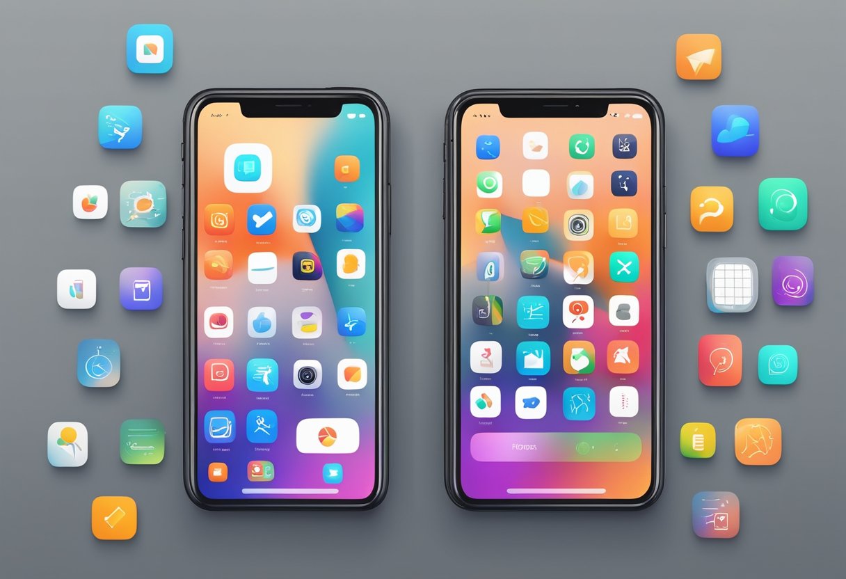 A sleek smartphone with the "New Applications and Tools iOS 17" interface displayed on the screen, surrounded by various app icons and digital tools