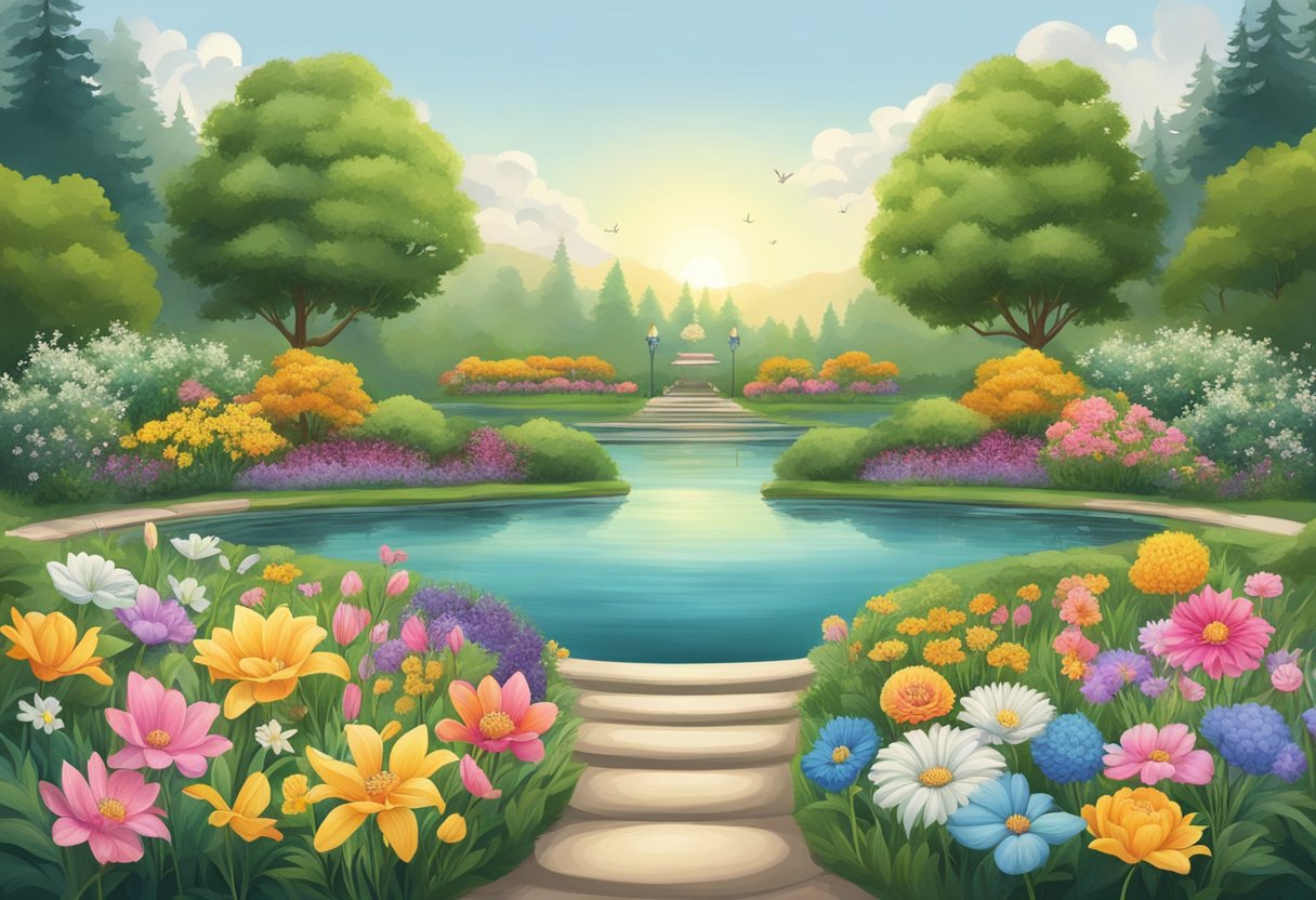 A serene garden with 22 unique flowers, each representing a different spiritual meaning